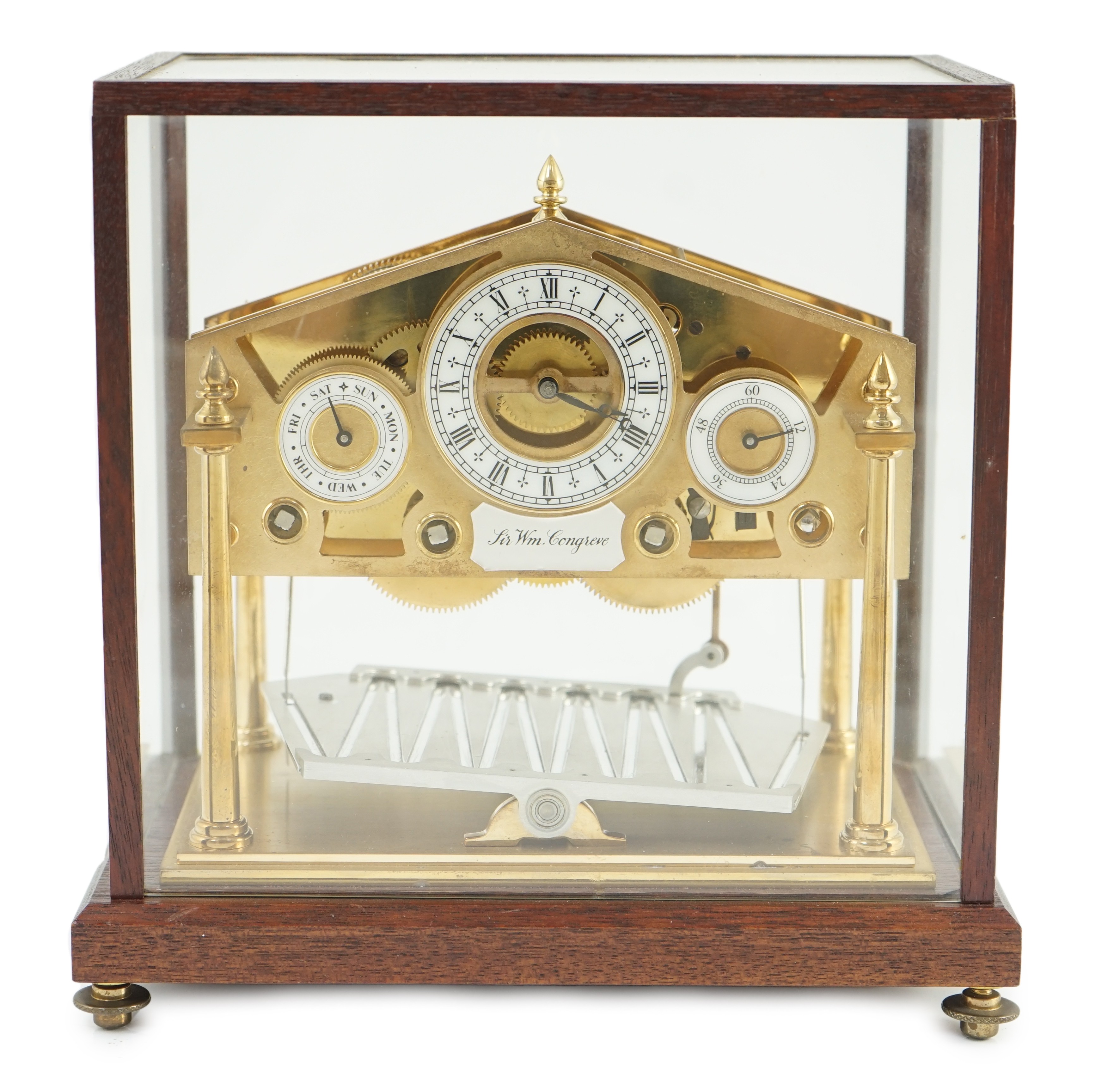 A Devon Clocks lacquered and silvered brass Congreve timepiece, 23cm wide, 15cm deep, 22cm high